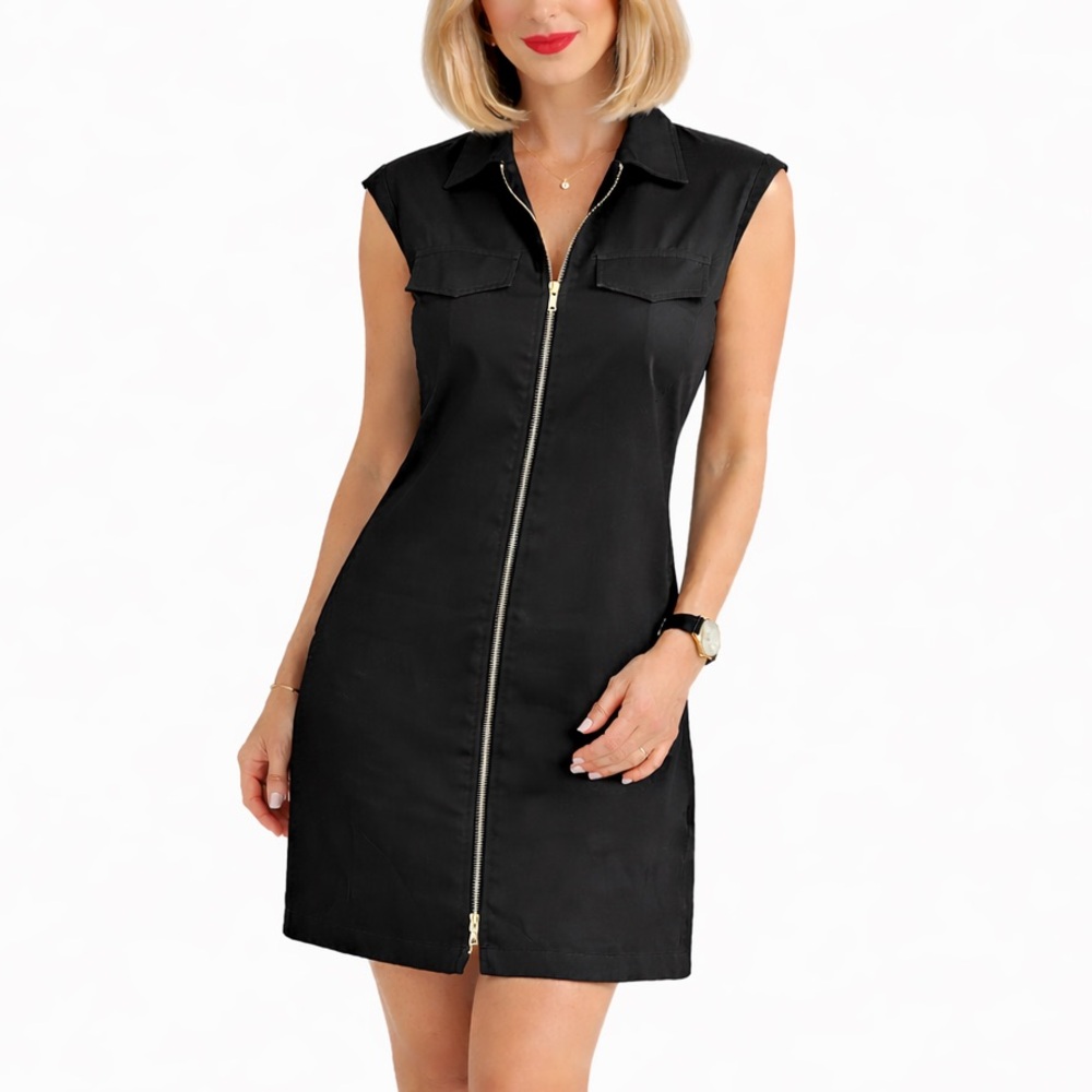 Black Cotton Sleeveless Zip Front Shift Dress